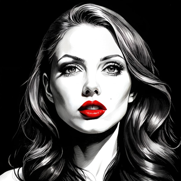 a black and white photo of a woman with red lips and a red lipstick