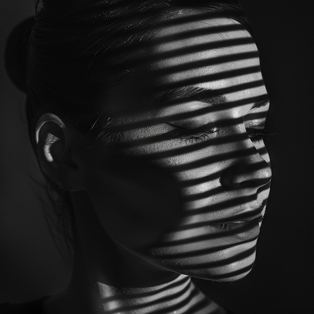 a black and white photo of a womans face with the sun shining on her face