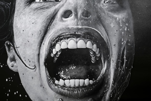 Photo a black and white photo of a womans mouth with water splashing on it