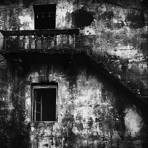 A black and white photograph of an abandoned building highlighting textures and contrasts