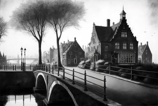 Black and white photograph of a bridge across a canal with houses in the distance