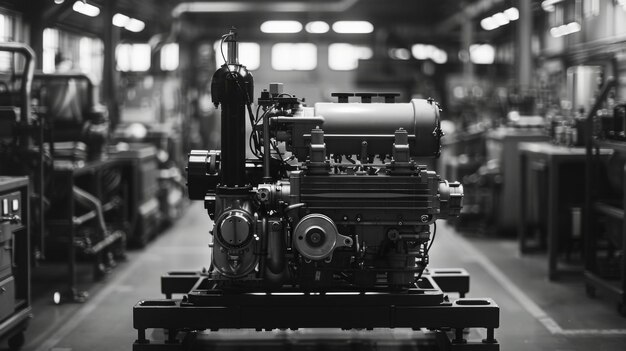 A black and white photograph of a complex industrial engine assembly on a factory floor