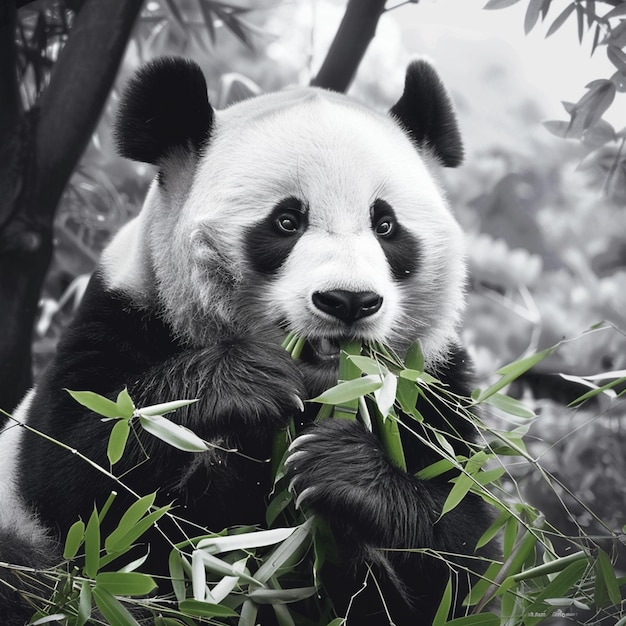 Black and White Photograph of a Cute Panda Eating Bamboo