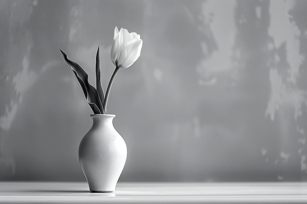 Photo a black and white photograph of an elegant minimalist vase with a single tulip inside set against