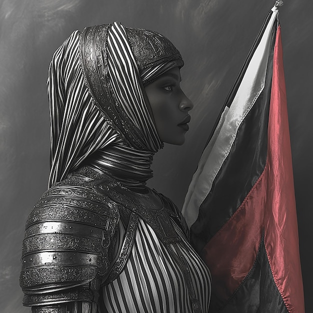 Photo a black and white photograph of a female knight in striped armor holding her flag of palestine up h