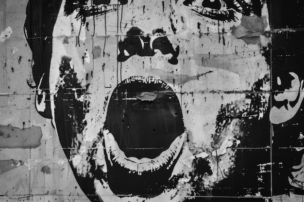 Photo a black and white photograph of a graffiti mural depicting a persons face with a wide open mouth seemingly screaming the image is captured in closeup highlighting the raw emotion of the artwork