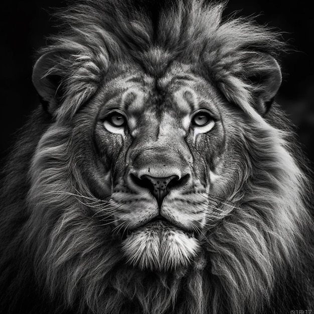 A black and white photograph of a lion's face.