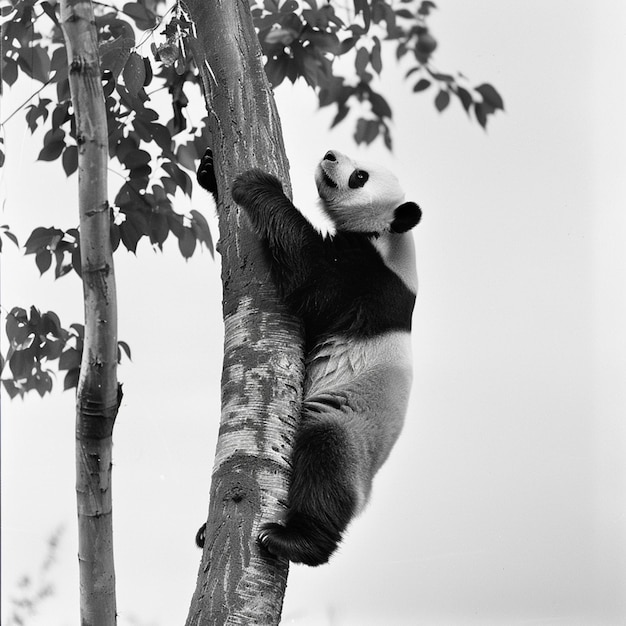 Black and White Photograph of Panda Climbing a Tree