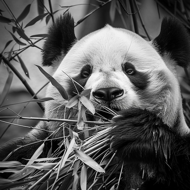 Black and White Photograph of a Panda Enjoying Bamboo