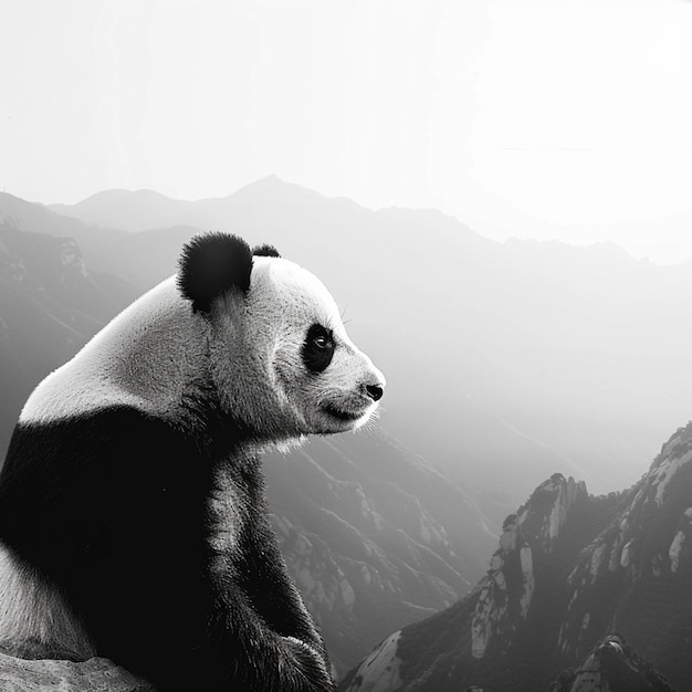 Black and White Photograph of a Panda Overlooking a Mountain Landscape