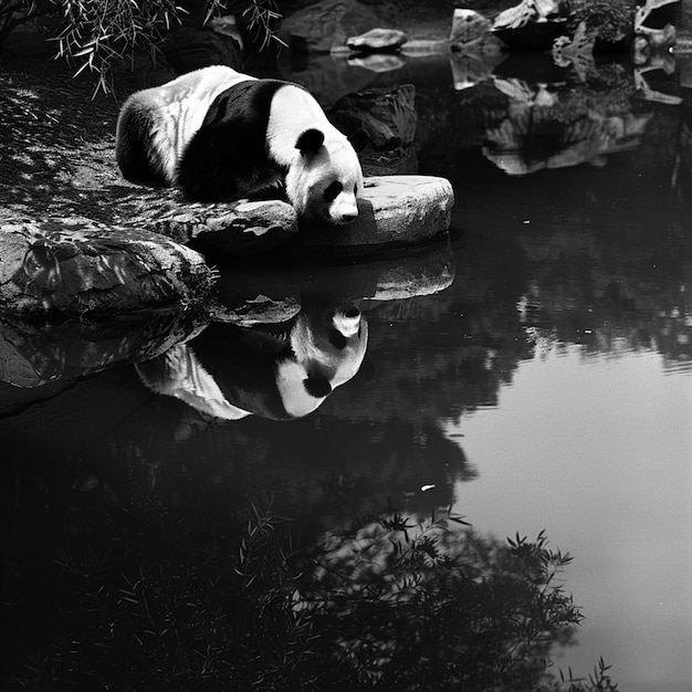 Black and White Photograph of a Panda Resting by the Pond