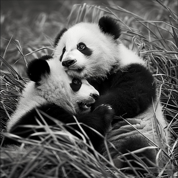 Black and White Photograph of a Panda Sitting in a Bamboo Forest