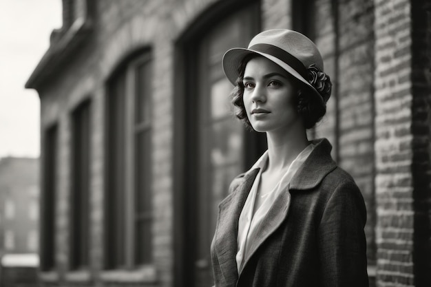 Black and white photograph of a person dressed in 1920s fashion Generative by AI