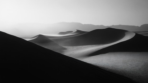 Photo a black and white photograph of sand dunes in a desert landscape