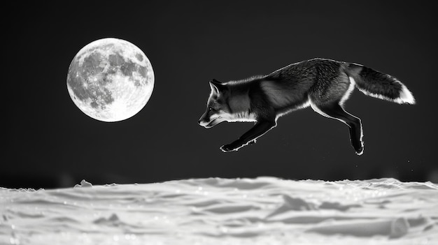 A black and white photography of a fox in the wild