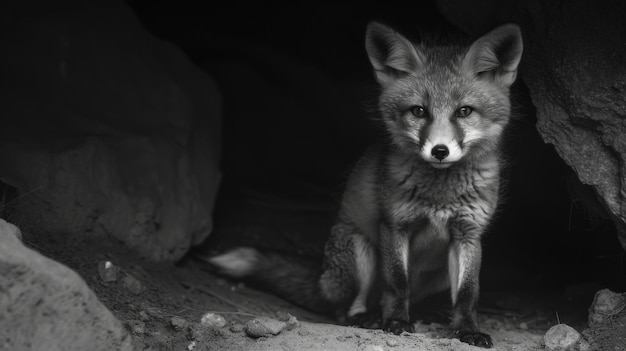 A black and white photography of a fox in the wild