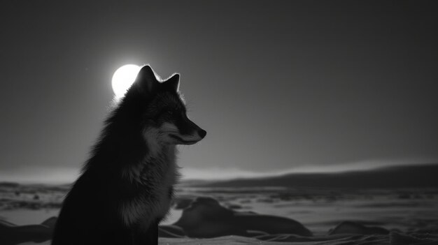 A black and white photography of a fox in the wild