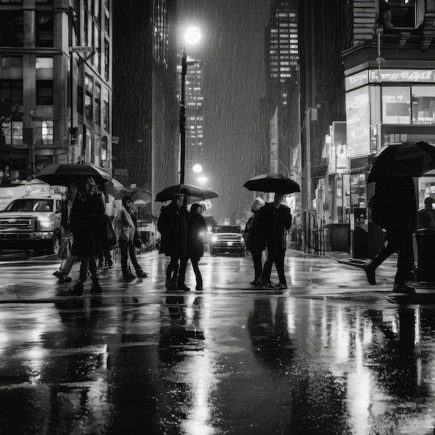 black and white photography of New York rain passersby