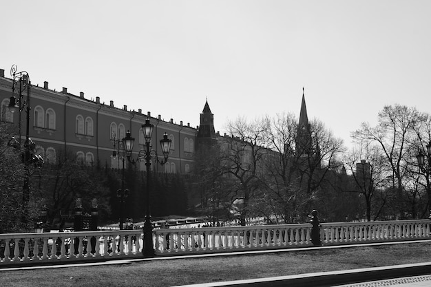 Black and white photography Panoramic view of the Moscow Kremlin and the building of the Arsenal March 24 2022 Moscow Russia