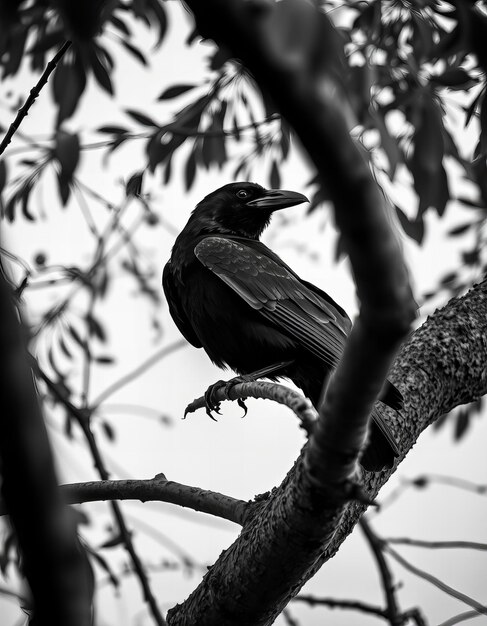 Photo black and white photography of raven on branch with high contrast