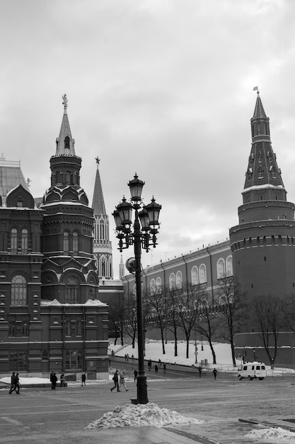 Black and white photography View of the building and towers of the Moscow Kremlin February 11 2022 Moscow Russia