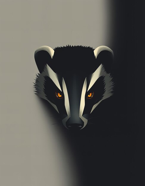 a black and white picture of a badger head with orange eyes