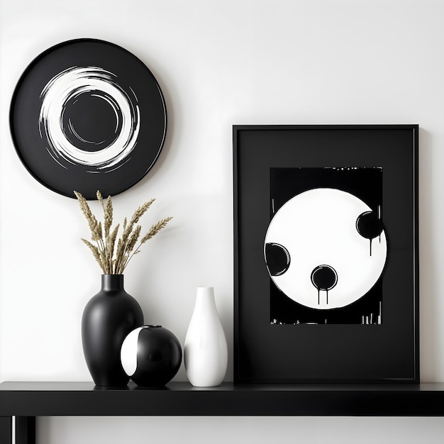 Photo a black and white picture of a black and white circle with a black frame on the wall