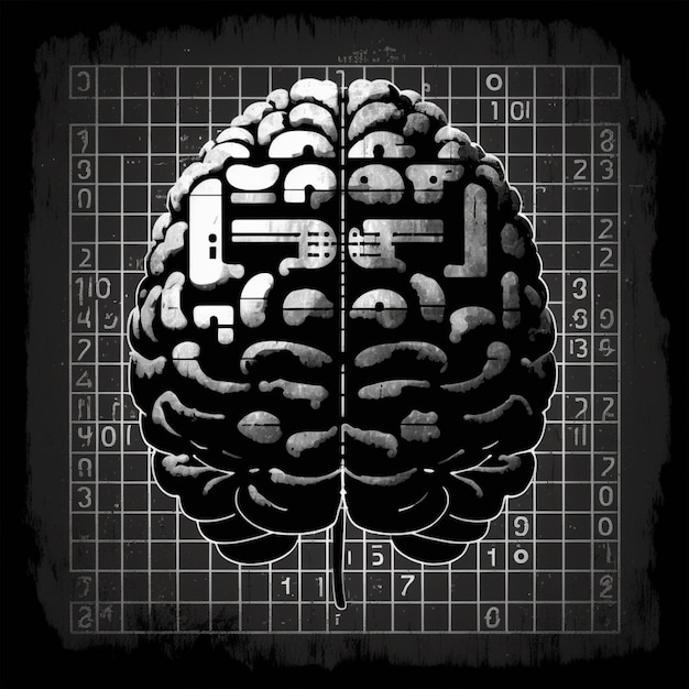 A black and white picture of a brain with a plug and a set of numbers.