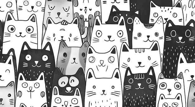 a black and white picture of a cat with a lot of cats on it