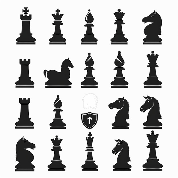 Photo a black and white picture of a chess board with a horse head and a shield on it