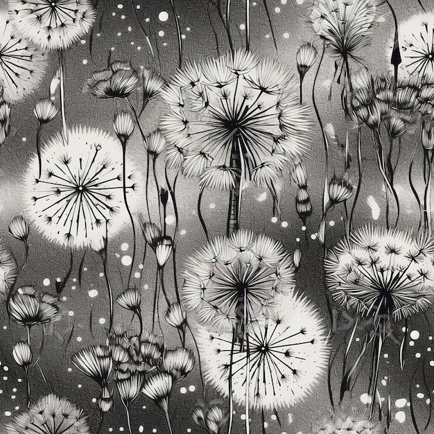 A black and white picture of dandelions with the words dandelions on it.