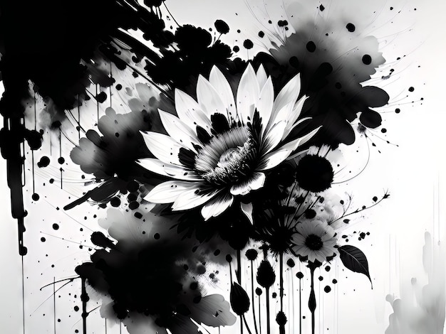 A black and white picture of a flower with the word on it