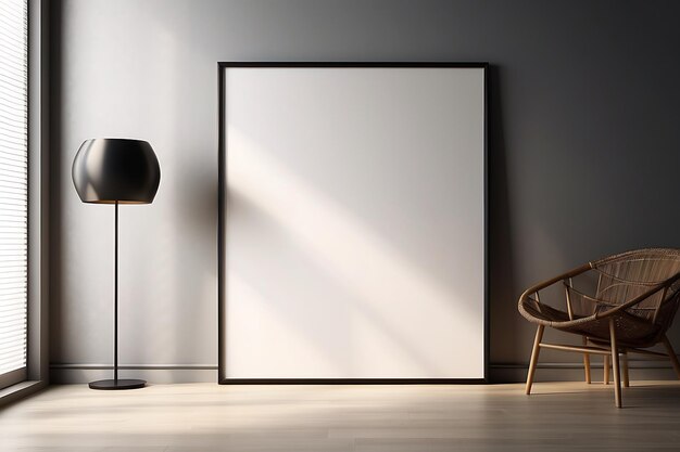 a black and white picture frame is in a room with a chair and a lamp