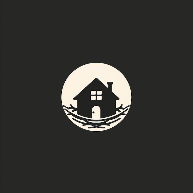 a black and white picture of a house with a circle in the middle