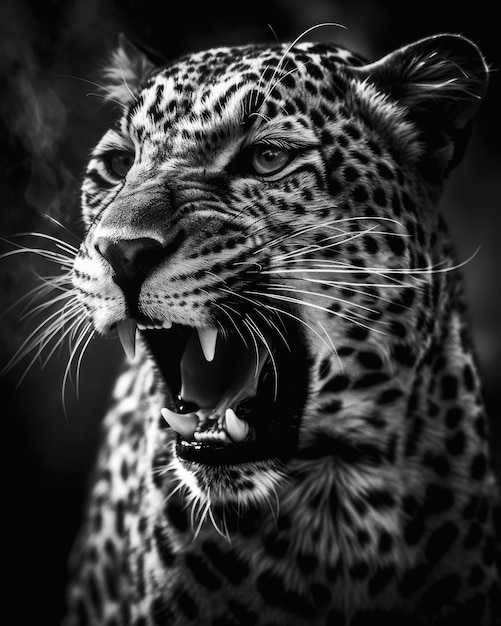 A black and white picture of a leopard with its mouth open.