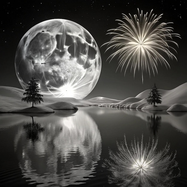 Photo a black and white picture of a moon and fireworks with the words quot happy holidays quot in the bac