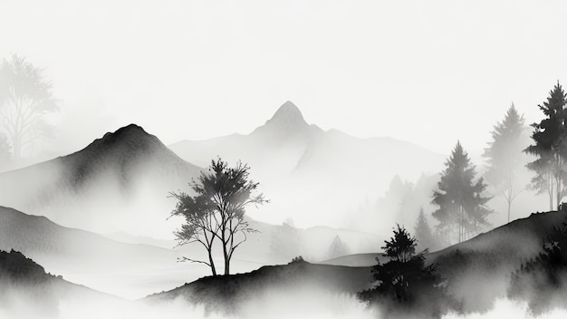 a black and white picture of a mountain with trees in the foreground