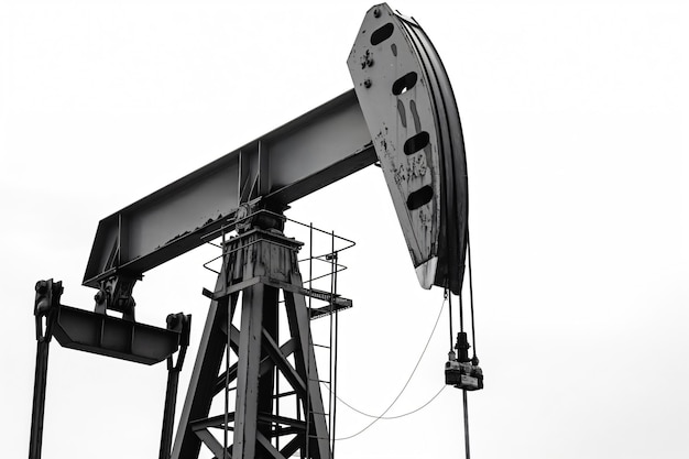 Photo black and white picture of an oil pump jack extracting crude oil from the ground on a white background