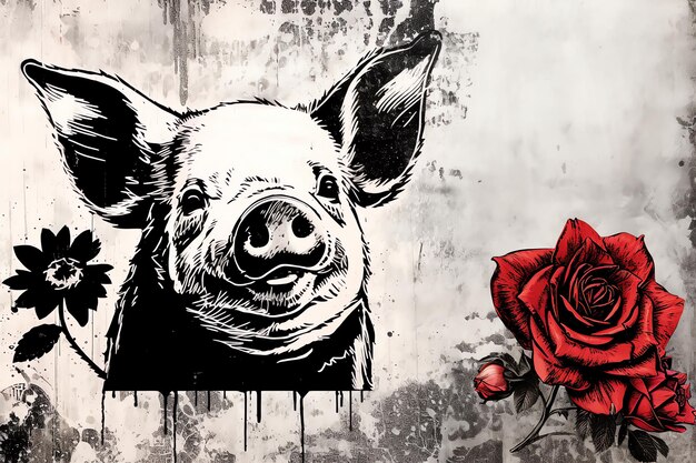 a black and white picture of a pig with a red rose in the middle