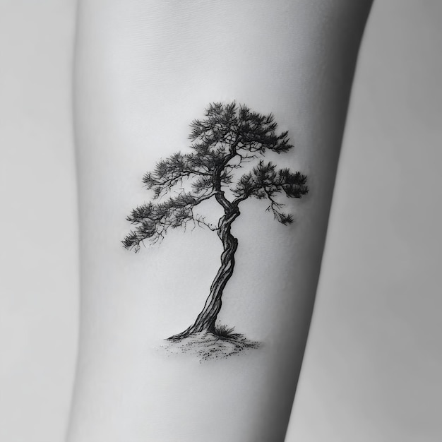 Black and white picture of a pine tree on a female body