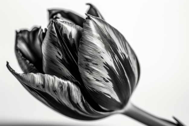 A black and white picture of a tulip with the white lines on it.