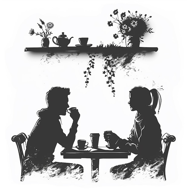 Photo a black and white picture of two children sitting at a table and a man and woman sitting at a table