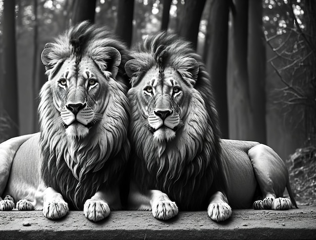 A black and white picture of two lions with the mane of the lion.