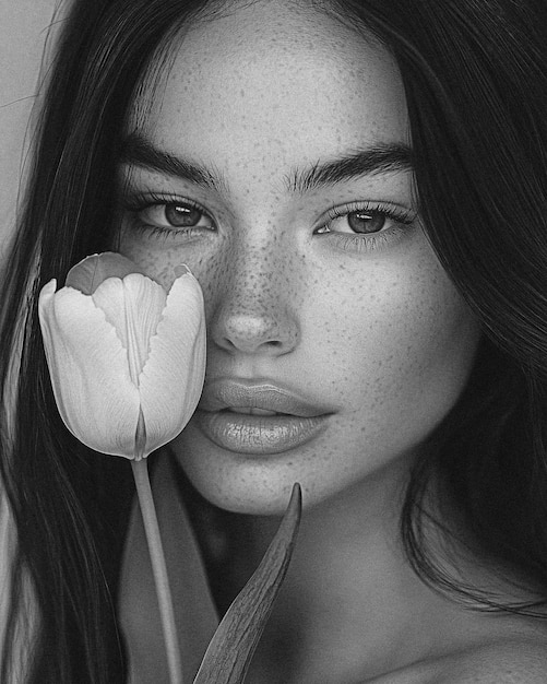 a black and white picture of a woman with a flower in her hand