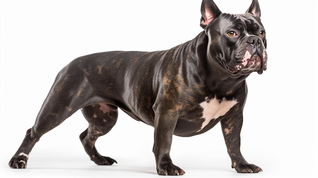 A black and white pitbull dog standing on a white background