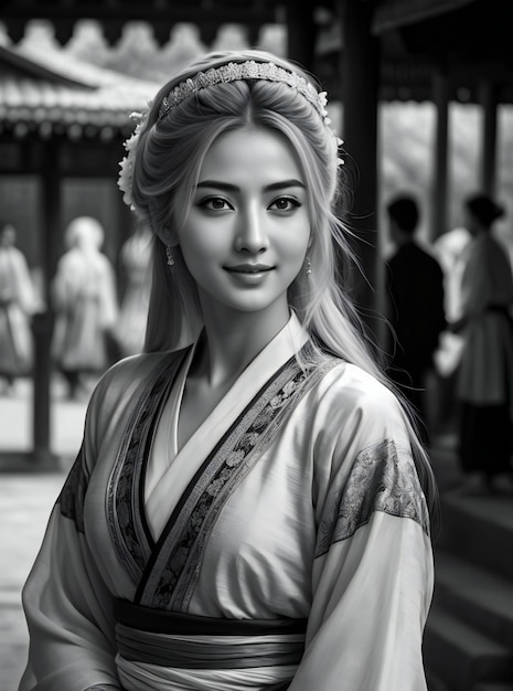 Black and white portrait of a beautiful asian woman in kimono