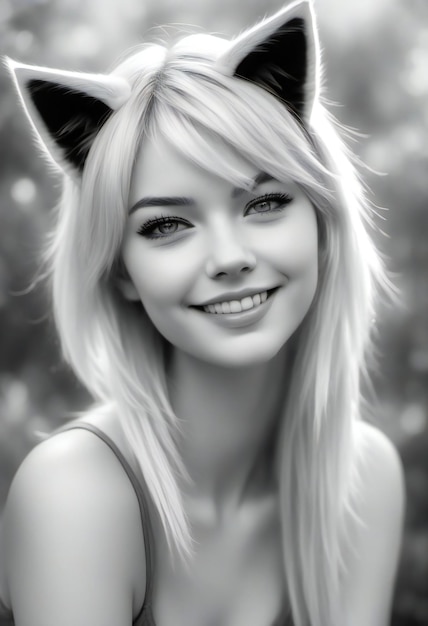 Black and white portrait of a beautiful girl in a fox costume