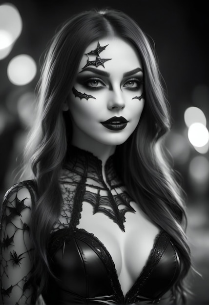 Black and white portrait of a beautiful girl with Halloween makeup