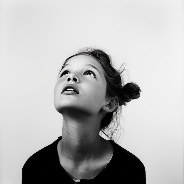 Black and white portrait of a beautiful little girl with her hair in the wind