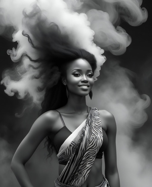 Black and white portrait of beautiful young african american woman with smoke